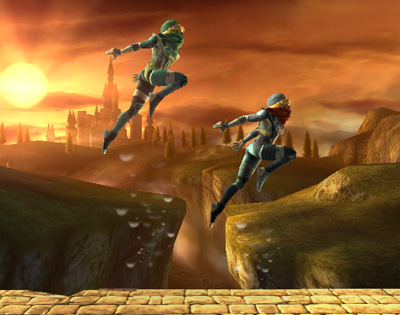 Two Sheiks showing the difference in height between a short-hop and a regular jump in Super Smash Bros Ultimate.